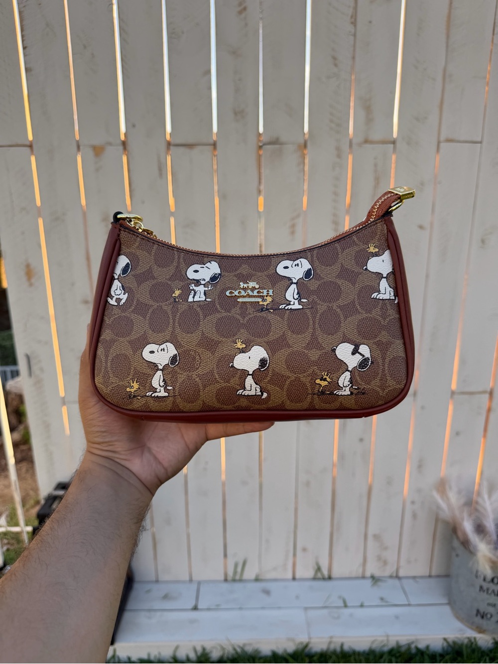 Coach Brown Signature Canvas Snoopy Mini Shoulder Bag